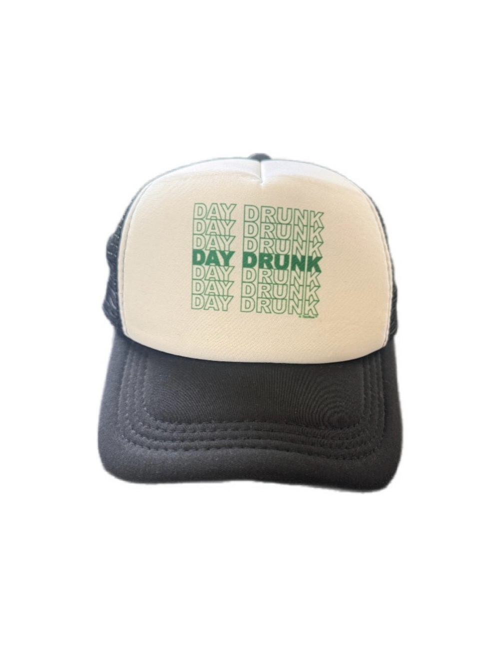 DAY DRUNK Two-Tone Trucker Cap - Black & White with Green Print